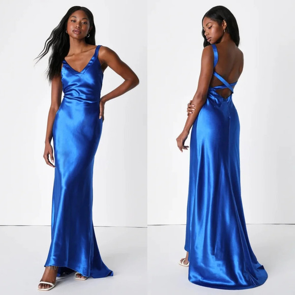 Lulus Perfectly Classy Royal Blue Satin Strappy Maxi Dress Wedding Party Prom - Picture 1 of 8